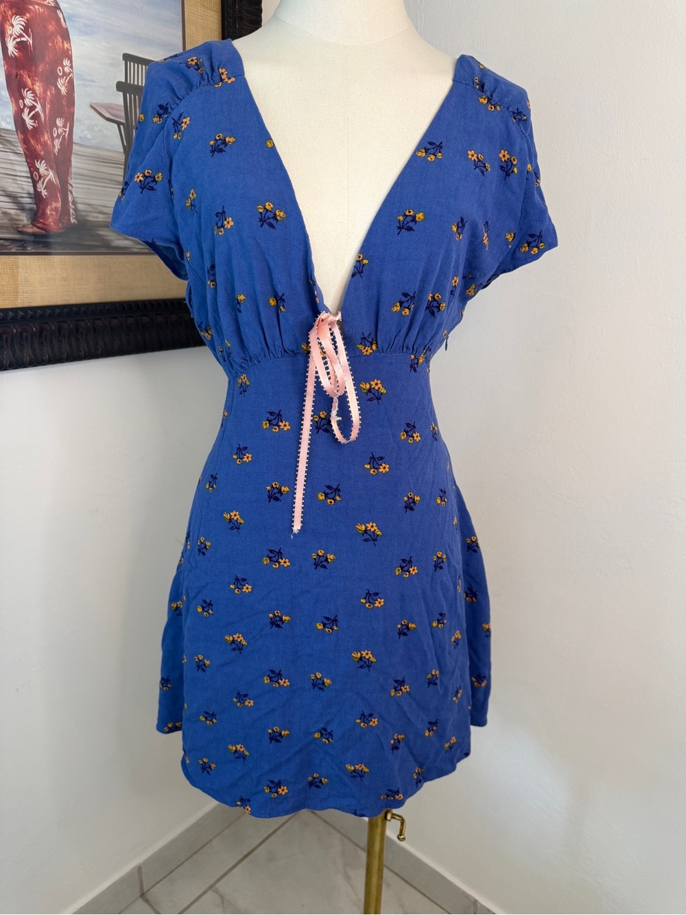 Free People Royal Blue Mini Dress with Yellow Floral Print and Pink Tie